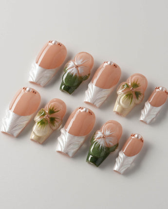 Duchess Olive press-ons with sculpted green floral accents and elegant French tips