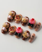 Cocoa Kitty Brown Color custom press-ons with glossy brown dessert details and cute accents