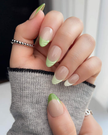 Forest Layers nail art close-up showing Nude Pink & Green, 3D Textured French. details
