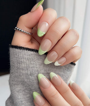 Forest Layers handmade press-on nails featuring Nude Pink & Green, 3D Textured French.