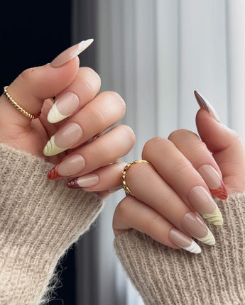 Fall Palette press-on nails with mixed autumn colors and fall-inspired gel details