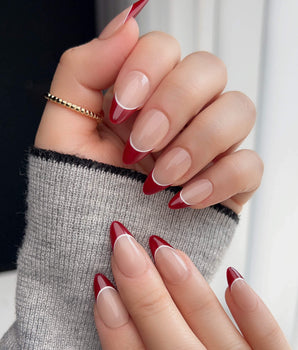 Classic Return - Rose nails with burgundy French tips, nude pink base, and white line detail