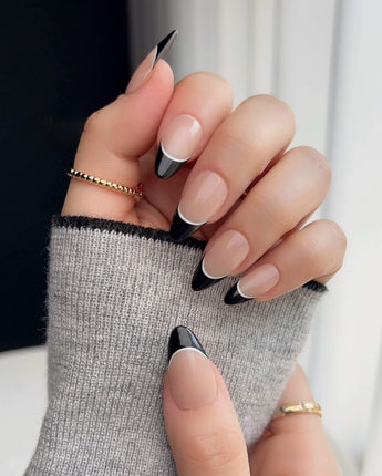 Classic Return - Ebony press-ons with polished black French styling and soft nude contrast