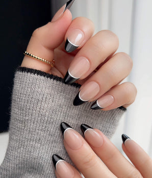 Classic Return - Ebony nails with black French tips, nude pink base, and white line detail