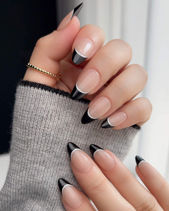 Classic Return - Ebony press-on nails — Black & Nude Pink,