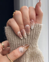 Brown & Khaki press-on nails in S medium almond with earthy brown and khaki nail art