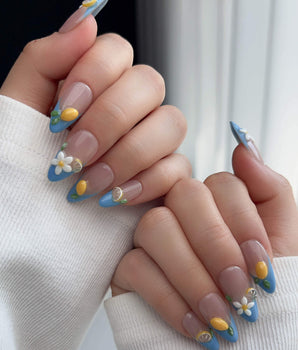 Lemon Grove press-on nail set — Blue French, 3D Lemon & Florals. design, hand-painted with real gel polish