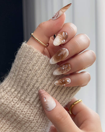 Brown & Khaki press-on nails in M medium almond with brown, khaki, and glossy neutral details