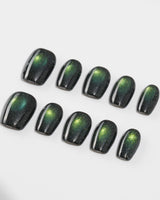 Forest Green Chase custom press-on nails — available in multiple shapes and sizes