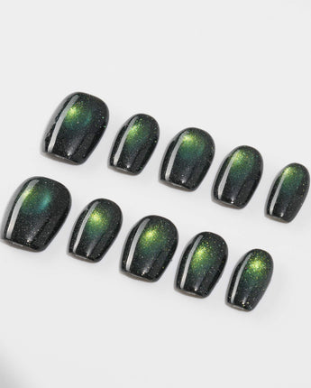 Forest Green Chase custom press-on nails — available in multiple shapes and sizes