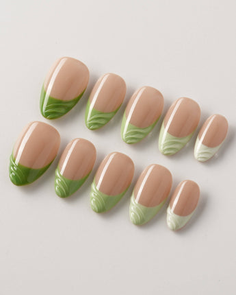 Forest Layers press-on nail set — Nude Pink & Green, 3D Textured French. design, hand-painted with real gel polish