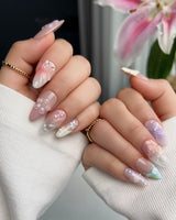 Wonderland Whims custom-size pink floral nails with 3D blossoms and pearl highlights