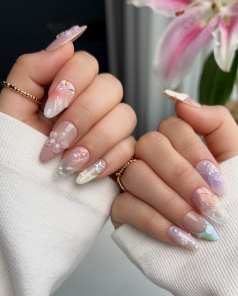 Wonderland Whims custom-size pink floral nails with 3D blossoms and pearl highlights