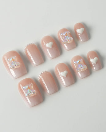 Cute Bear Hug press-on nails in short square shape — cute nails
