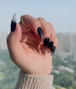 Cutting Edge press-on nail set — Black ombre nails design, hand-painted with real gel polish