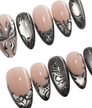 Damask press on nails with freehand black filigree scrollwork and a butterfly on nude and silver cat eye - image 1