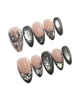 Damask press on nails with freehand black filigree scrollwork and a butterfly on nude and silver cat eye - image 3