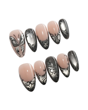 Damask press on nails with freehand black filigree scrollwork and a butterfly on nude and silver cat eye - image 3