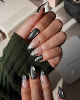 Damask press on nails with freehand black filigree scrollwork and a butterfly on nude and silver cat eye - image 5