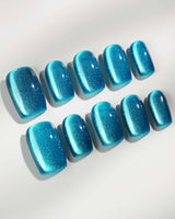 Blue Sky Cat-eye press-on nails — Peacock Blue cat eye  handmade nail art by Joyee Nails