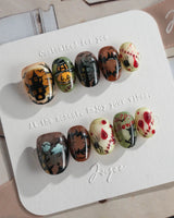 Spooky Night press-on nails in extra short oval shape — Vintage Halloween, Pumpkin Castle & Blood Splatter.