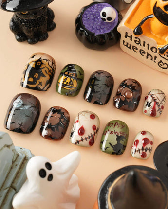 Spooky Night handmade press-on nails featuring Vintage Halloween, Pumpkin Castle & Blood Splatter.