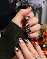 Spooky Night press-on nails in extra short squoval shape — Vintage Halloween, Pumpkin Castle & Blood Splatter.