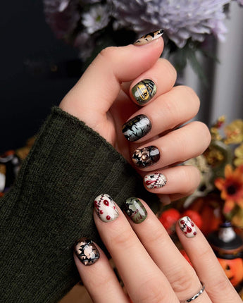 Spooky Night press-on nails in extra short squoval shape — Vintage Halloween, Pumpkin Castle & Blood Splatter.