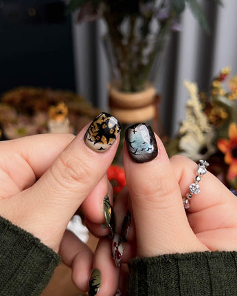 Spooky Night nail art close-up showing Vintage Halloween, Pumpkin Castle & Blood Splatter. details