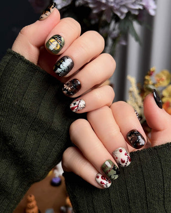 Spooky Night press-on nails in extra short squoval shape — Vintage Halloween, Pumpkin Castle & Blood Splatter.