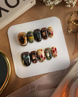 Spooky Night press-on nails in short oval shape — Vintage Halloween, Pumpkin Castle & Blood Splatter.