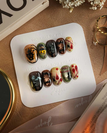 Spooky Night press-on nails in short oval shape — Vintage Halloween, Pumpkin Castle & Blood Splatter.