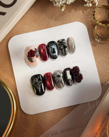 Dark Fairytale press-on nails — Black Red Gothic, 3D Rose Cross. handmade nail art by Joyee Nails