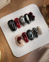 Dark Fairytale press-on nails — Black Red Gothic, 3D Rose Cross. handmade nail art by Joyee Nails