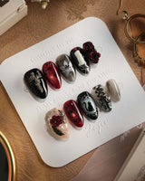 Dark Fairytale press-on nails — Black Red Gothic, 3D Rose Cross. handmade nail art by Joyee Nails