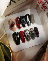 Dark Fairytale press-on nails — Black Red Gothic, 3D Rose Cross. handmade nail art by Joyee Nails