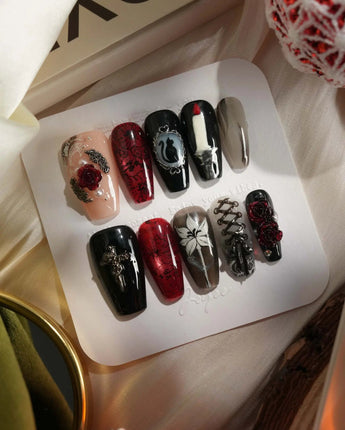 Dark Fairytale press-on nails — Black Red Gothic, 3D Rose Cross. handmade nail art by Joyee Nails