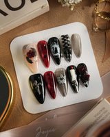 Dark Fairytale press-on nails — Black Red Gothic, 3D Rose Cross. handmade nail art by Joyee Nails