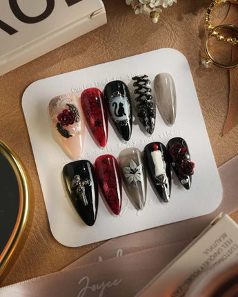 Dark Fairytale press-on nails — Black Red Gothic, 3D Rose Cross. handmade nail art by Joyee Nails