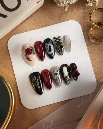 Dark Fairytale press-on nails — Black Red Gothic, 3D Rose Cross. handmade nail art by Joyee Nails