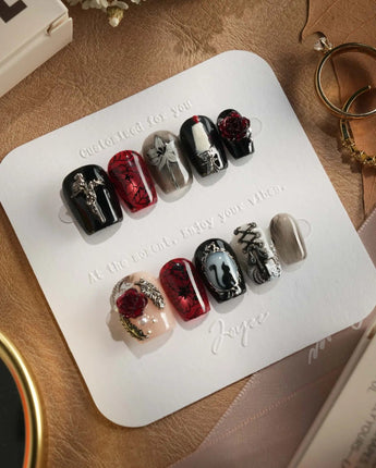 Dark Fairytale press-on nails — Black Red Gothic, 3D Rose Cross. handmade nail art by Joyee Nails