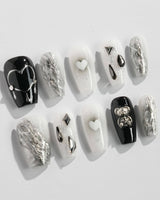 Dark Ice press-on nail set — black gradient silver chrome 3D gothic nails design, hand-painted with real gel polish