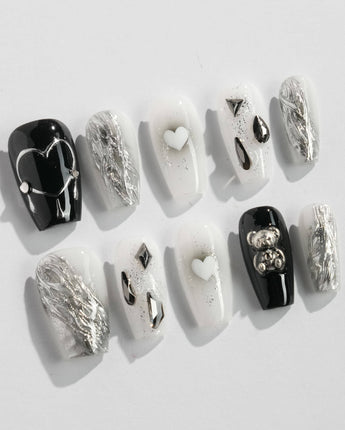 Dark Ice press-on nail set — black gradient silver chrome 3D gothic nails design, hand-painted with real gel polish