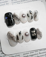 Dark Ice press-on nails in short square shape — black gradient silver chrome 3D gothic nails