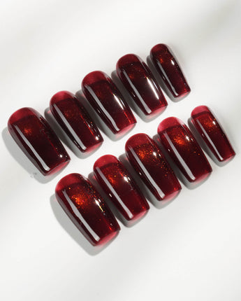 Deep Red Cat eye Nails press-on nails in medium square shape — red cat eye christmas holiday