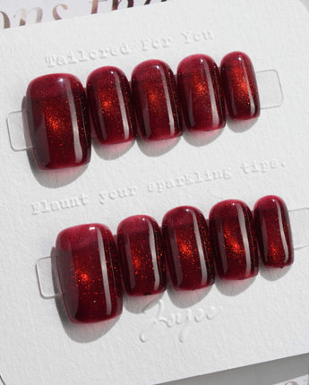 Deep Red Cat eye Nails press-on nails in short square shape — red cat eye christmas holiday