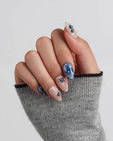 Denim Berry blueberry press-on nails with denim blue tones and white polka dots