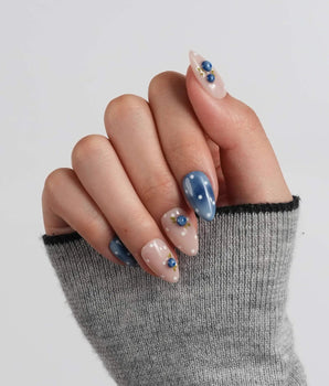 Denim Berry blueberry press-on nails with denim blue tones and white polka dots