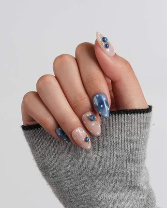 Denim Berry blueberry press-on nails with denim blue tones and white polka dots