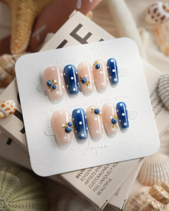 Denim Berry blueberry press-on nails in short coffin shape